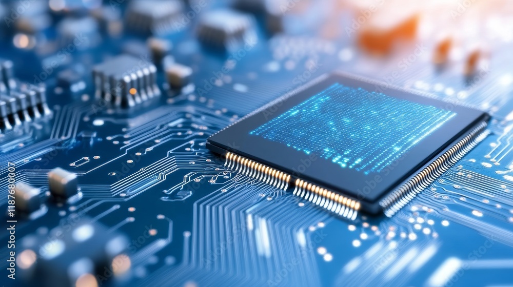 Poster close-up of a microchip on a blue circuit board with glowing elements