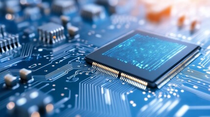 Close-up of a microchip on a blue circuit board with glowing elements