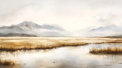 Serene landscape painting subtly depicts misty mountains reflecting in calm water muted gold tones. AI Generated
