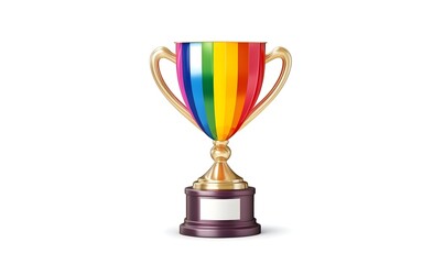 Fototapeta premium Rainbow-striped gold trophy on dark base.