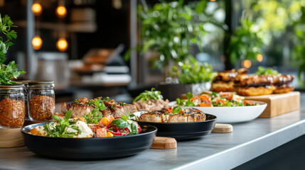Delicious gourmet food displayed on stylish table with fresh ingredients