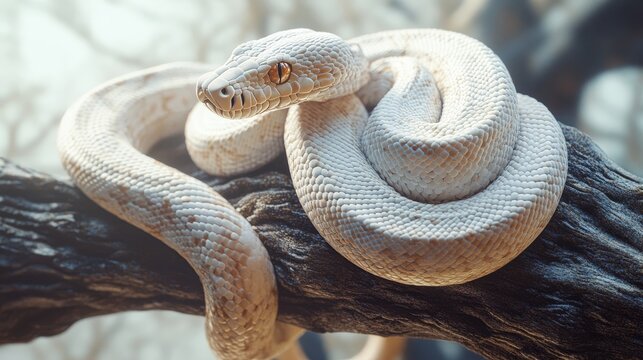 Ivory python coiled on tree branch in sunlit forest scene