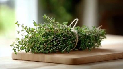 Freshly Bundled Thyme Herbs on Wooden Cutting Board with Soft Natural Light and Green Background, Ideal for Culinary and Gardening Themes in Stock Photography