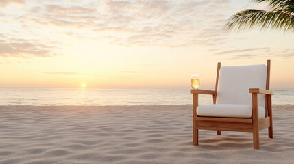 Fototapeta premium serene beach chair with drink, perfect for relaxation at sunset