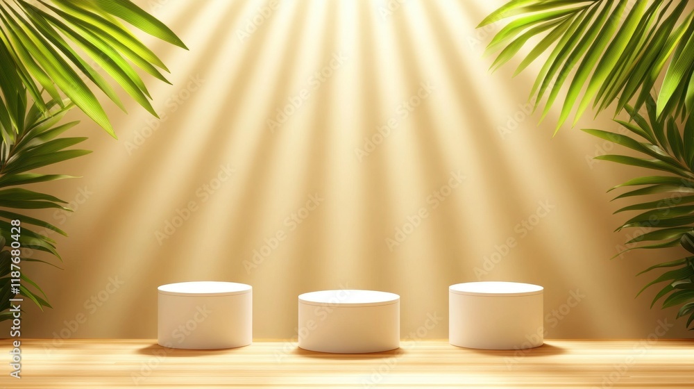 Aufkleber three white candles on wooden table illuminated by soft light from behind creating a serene atmosphe