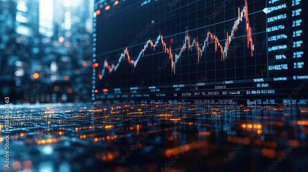 Aufkleber abstract financial data visualization on laptop screen with glowing circuit board texture and citysc
