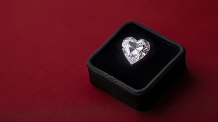 Heart Shaped Diamond in Black Velvet Box on Red Background
