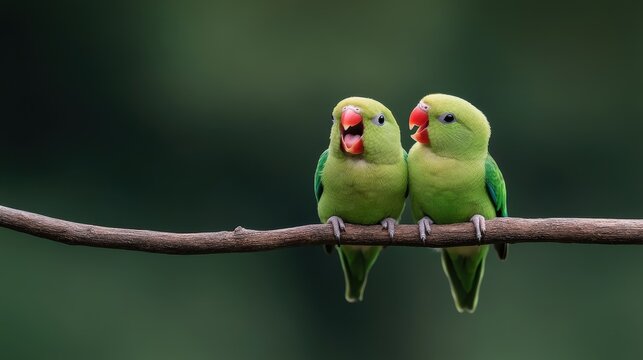 Two Green Parakeets Perched on a Branch, Chirping