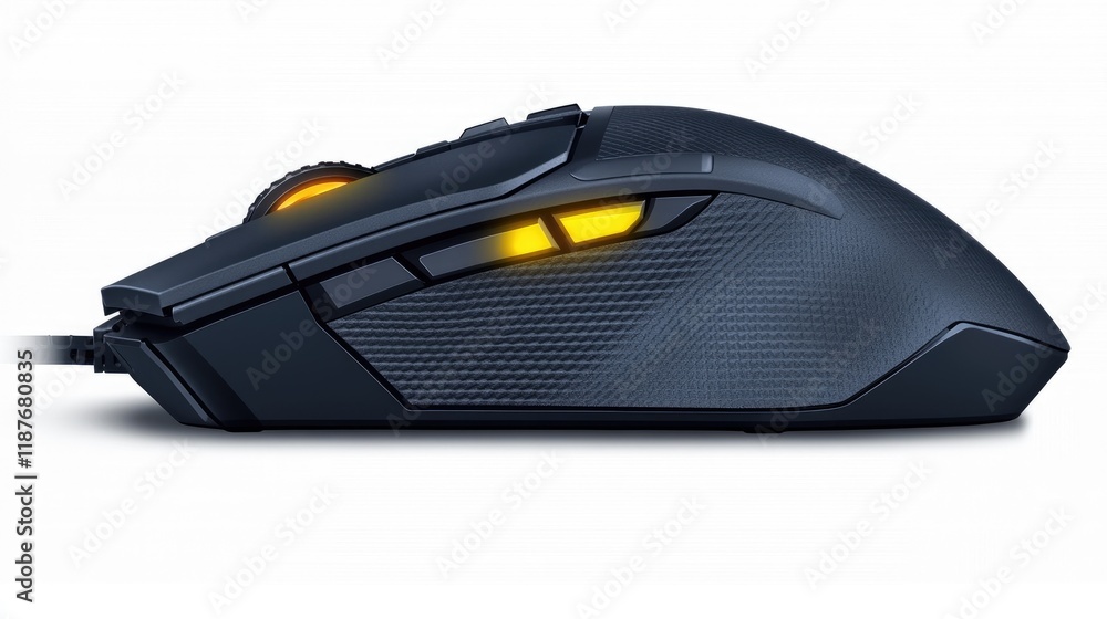 Poster close-up side view of a dark blue wired computer mouse with illuminated buttons.