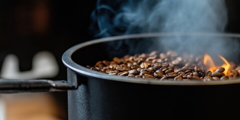 Coffee beans roast in a pan, emanating steam and aroma that captures the essence of brewing. The dynamic scene showcases the beauty of this intoxicating process.