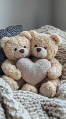 Two Teddy Bears Holding a Heart Pillow