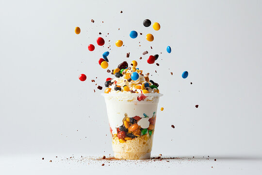 colorful dessert cup filled with layers of ice cream, candy, and toppings, creating playful explosion of vibrant colors and textures