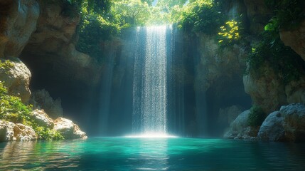 Majestic waterfall cascading into a serene tropical lagoon surrounded by lush greenery
