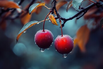 Two ripe cherries glistening with raindrops on a branch. Perfect for illustrating freshness, nature, or autumn themes.