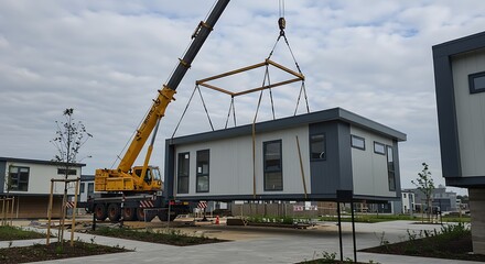 A new modular home being lifted into place by a crane, showcasing modern construction techniques and efficient homebuilding processes