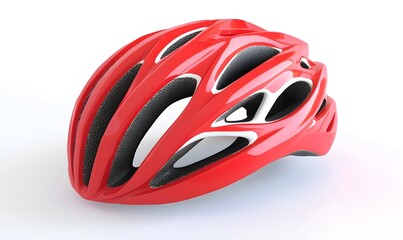 Red bicycle helmet with vents isolated on white background.