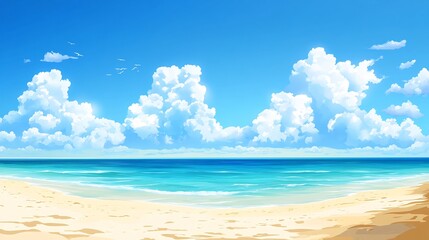 Fototapeta premium Serene beach scene bright sunlight calm turquoise water fluffy white clouds idyllic summer landscape. AI Generated