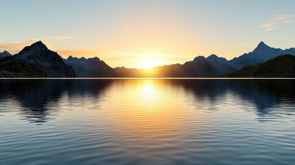 Naklejka premium serene lake at sunrise, surrounded by majestic mountains reflecting on water
