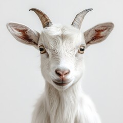 Portrait of a smiling goat against a white background, perfect for pet, farm, or agriculture websites