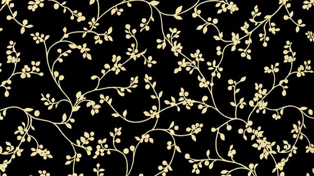 Elegant floral pattern on a black background featuring delicate vines and small blossoms