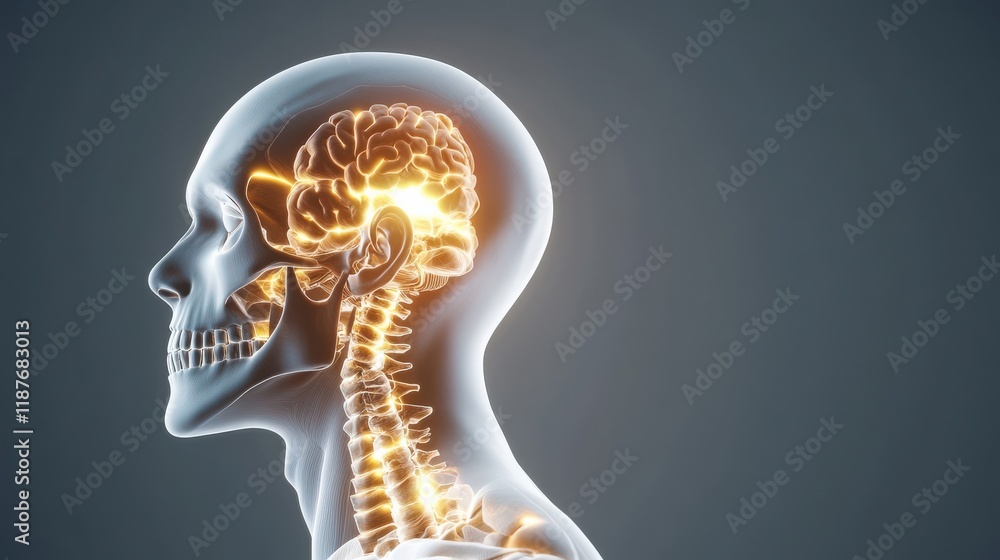Poster anatomically accurate representation of human skull and spine with illuminated brain structure showc