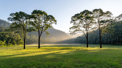 Fototapeta premium serene forest at dawn with mist and sunlight filtering through trees