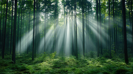 serene forest at dawn with mist and sunlight filtering through trees