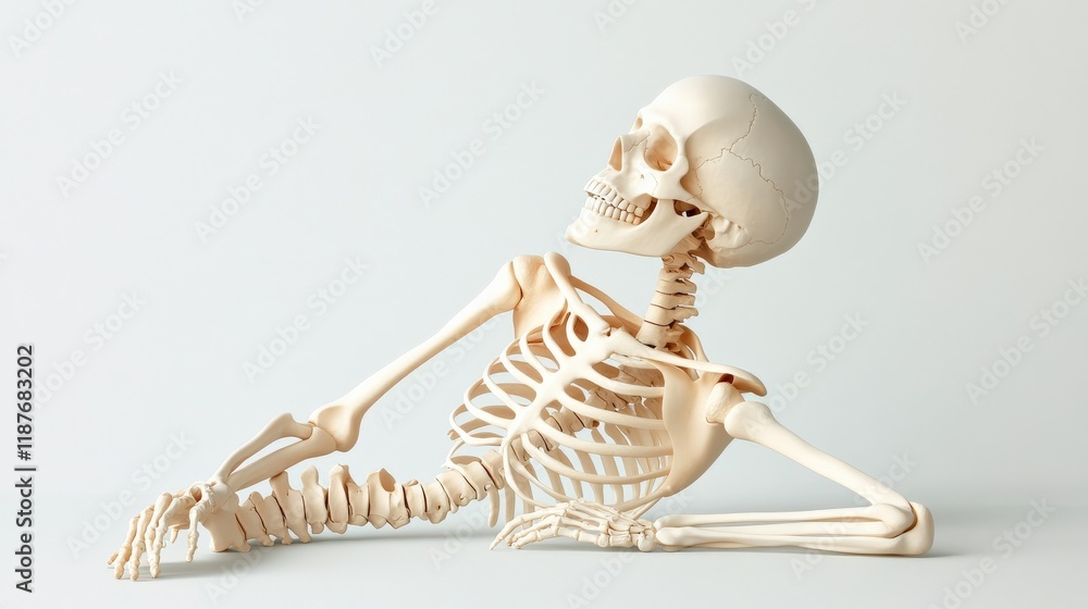 Poster realistic human skeleton model in relaxed pose displaying anatomical structure with detailed bone fe