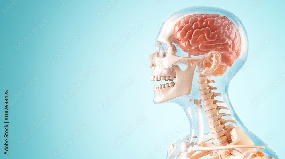 Poster detailed and anatomically accurate model of a human skeleton and brain, showcasing facial structure 