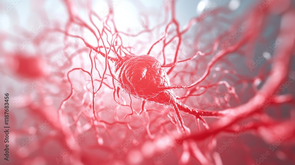 Poster intricate close-up of a red neural cell surrounded by delicate nerves, illustrating complexities of 