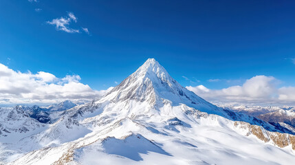 Fototapeta premium Majestic snowy mountain peak under clear blue sky with clouds