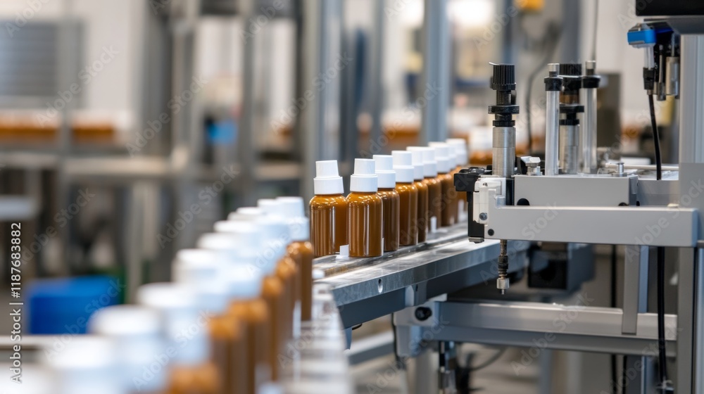 Poster automated production line in modern factory with bottles on conveyor belt