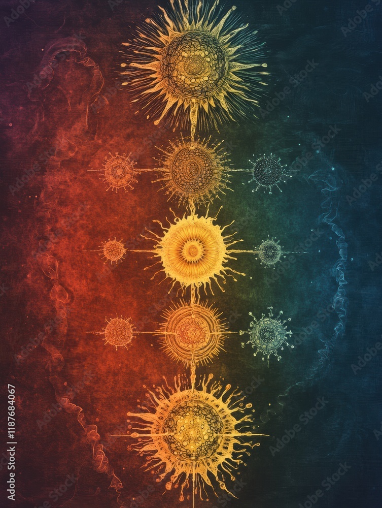 Poster progression of virus forms from simple to complex, showcasing intricate structures and patterns in v