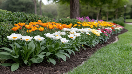 Vibrant flower garden with colorful tulips and daisies in bloom