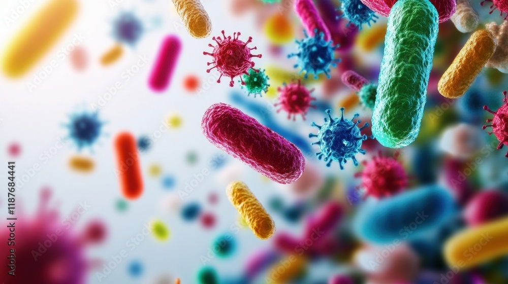 Poster microscopic view of a diverse group of bacteria in a laboratory environment under a microscope