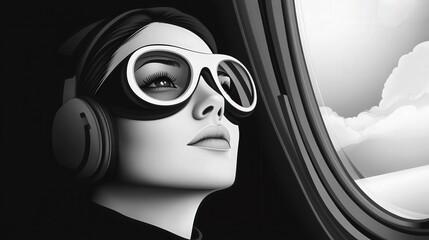 Stylish Woman with Retro Aviator Glasses and Headphones Gazes Out the Airplane Window, Capturing the Essence of Adventure and Travel in Monochrome