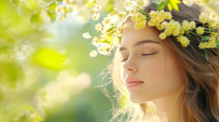 Fototapeta premium Woman in mimosa crown, mimosa blooming, beautiful woman portrait, young model, bright yellow