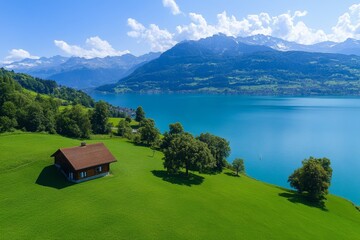 Serene landscape with alpine lake, lush greenery, and mountains