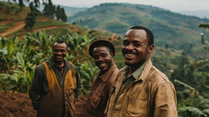 Fototapeta premium Workers on a fair-trade coffee farm, smiling and showcasing sustainable practices 