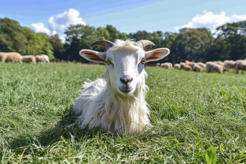 Obraz premium White goat rests in lush green pasture, other sheep graze in background. Perfect for farm, agriculture, or livestock themes; evokes serenity and natural beauty.