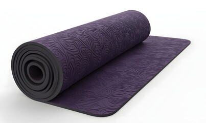 Rolled purple yoga mat with patterned design.