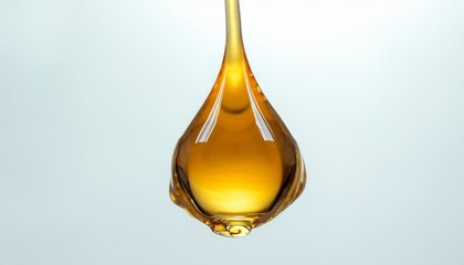 Golden honey droplet against a light blue background.