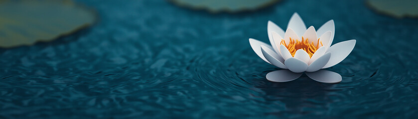 serene glowing lotus flower floats gracefully on tranquil water, surrounded by lily pads. This captivating scene evokes sense of peace and beauty in nature