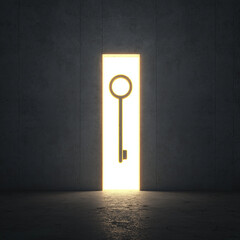 glowing key unlocking door symbolizes opportunity and new beginnings. illuminated doorway creates sense of mystery and anticipation, inviting exploration