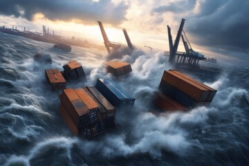 Storm strikes shipping containers ocean waves action scene maritime disaster aerial view nature's fury