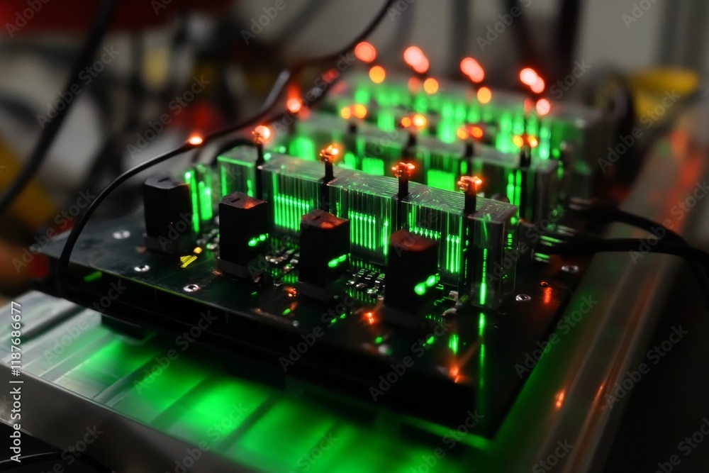 Aufkleber close-up of circuit board with green and red led lights in laboratory setting