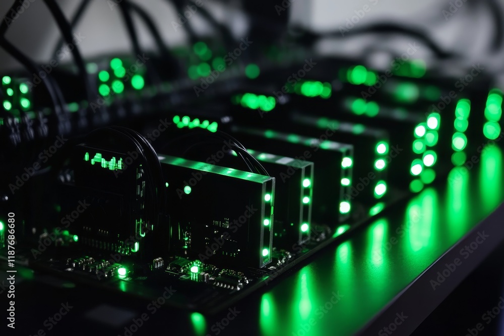 Poster advanced green led circuit boards illuminated in a technology setup
