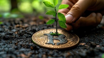 A Hand Gently Planting a Seedling on a Bitcoin, Symbolizing Growth and Investment in the Digital Currency Market