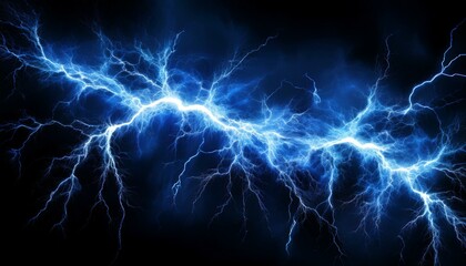 Electric blue lightning strikes across a dark night sky.