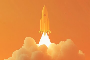 Yellow rocket launching through orange clouds.